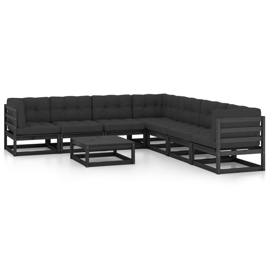 8-tlg. Garten-Lounge-Set mit Kissen Schwarz Kiefer Massivholz